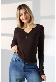 21926 KADIN FULL LYC KOMPAKT PENYE RİB UZUN KOL AÇIK PATLI DÜĞMELİ  TSHIRT 