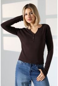 21926 KADIN FULL LYC KOMPAKT PENYE RİB UZUN KOL AÇIK PATLI DÜĞMELİ  TSHIRT 