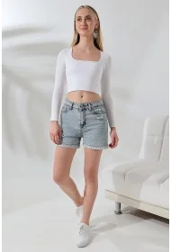 21650 KADIN FULL LYC COMP PENYE RİB UZUN KOL TULUM KARE YAKA KISA TSHIRT