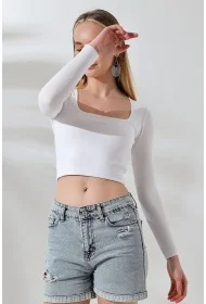 21650 KADIN FULL LYC COMP PENYE RİB UZUN KOL TULUM KARE YAKA KISA TSHIRT