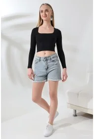 21650 KADIN FULL LYC COMP PENYE RİB UZUN KOL TULUM KARE YAKA KISA TSHIRT