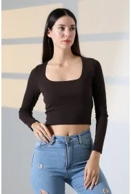 21650 KADIN FULL LYC COMP PENYE RİB UZUN KOL TULUM KARE YAKA KISA TSHIRT