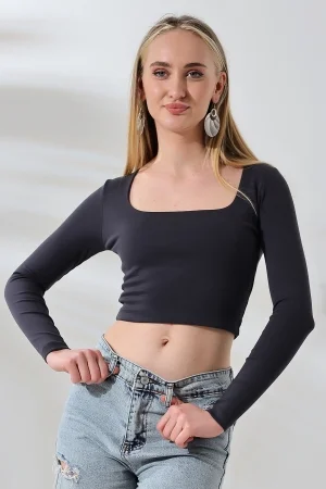 21650 KADIN FULL LYC COMP PENYE RİB UZUN KOL TULUM KARE YAKA KISA TSHIRT