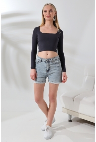 21650 KADIN FULL LYC COMP PENYE RİB UZUN KOL TULUM KARE YAKA KISA TSHIRT