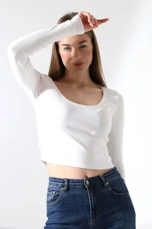 21946 KADIN FULL LYC COMP PENYE RİB UZUN KOL OVAL YAKASI TIRN LAST.DANTEL YAKA TSHIRT