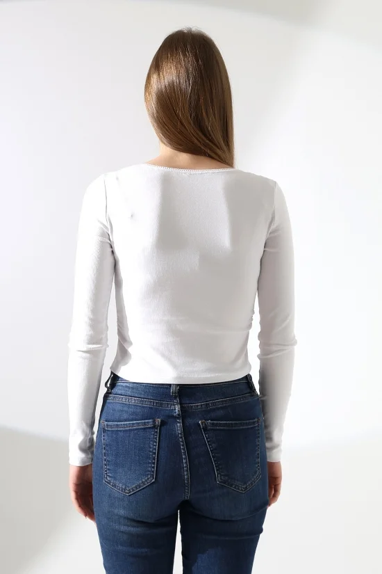 21946 KADIN FULL LYC COMP PENYE RİB UZUN KOL  U YAKASI TIRN LAST.DANTEL YAKA TSHIRT