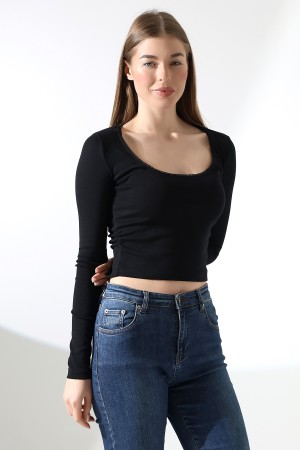 21946 KADIN FULL LYC COMP PENYE RİB UZUN KOL  U YAKASI TIRN LAST.DANTEL YAKA TSHIRT