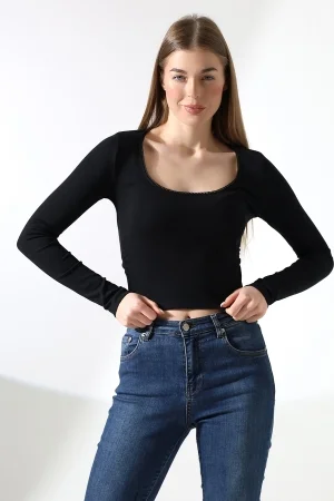 21946 KADIN FULL LYC COMP PENYE RİB UZUN KOL OVAL YAKASI TIRN LAST.DANTEL YAKA TSHIRT