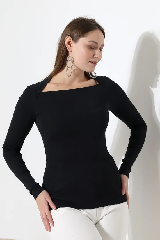 22200 KADIN TULUM KARE ÜÇGEN YAKA FULL LYC COMP PENYE RİB UZUN KOL TSHIRT