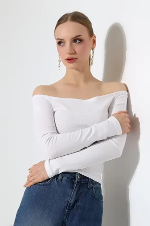 22141 KADIN KAYIK YAKA FULL LYC RİB UZUN KOL REGLAN VE OMUZ DÜŞÜMLÜ TSHIRT 