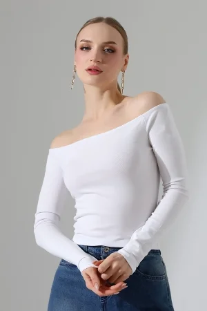 22141 KADIN KAYIK YAKA FULL LYC RİB UZUN KOL REGLAN VE OMUZ DÜŞÜMLÜ TSHIRT 