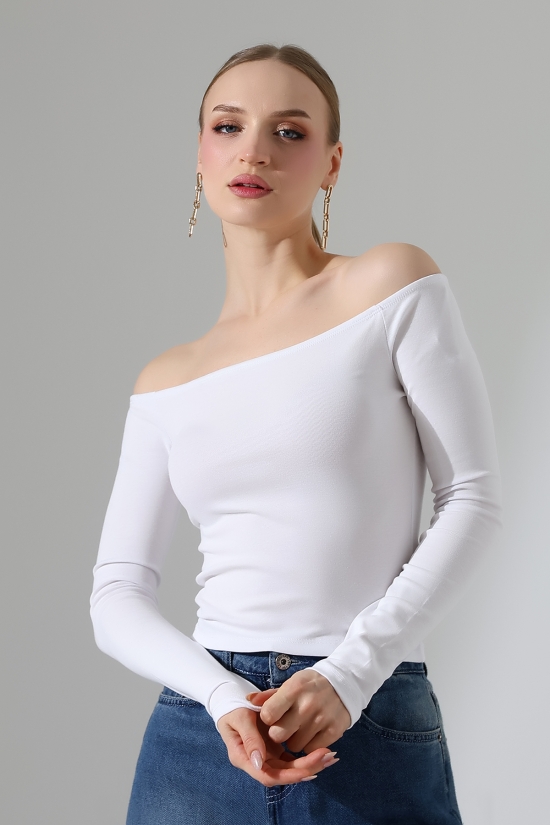 22141 KADIN KAYIK YAKA FULL LYC RİB UZUN KOL REGLAN VE OMUZ DÜŞÜMLÜ TSHIRT 