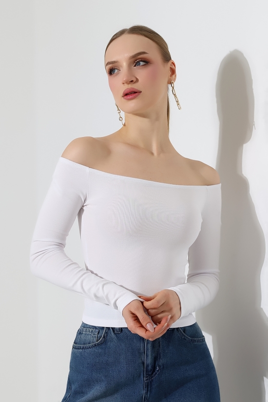 22141 KADIN KAYIK YAKA FULL LYC RİB UZUN KOL REGLAN VE OMUZ DÜŞÜMLÜ TSHIRT 