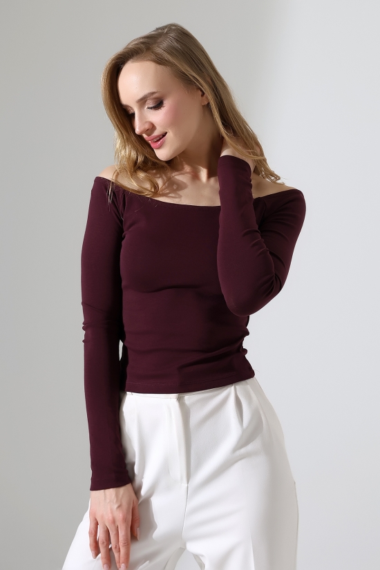 22141 KADIN KAYIK YAKA FULL LYC RİB UZUN KOL REGLAN VE OMUZ DÜŞÜMLÜ TSHIRT 