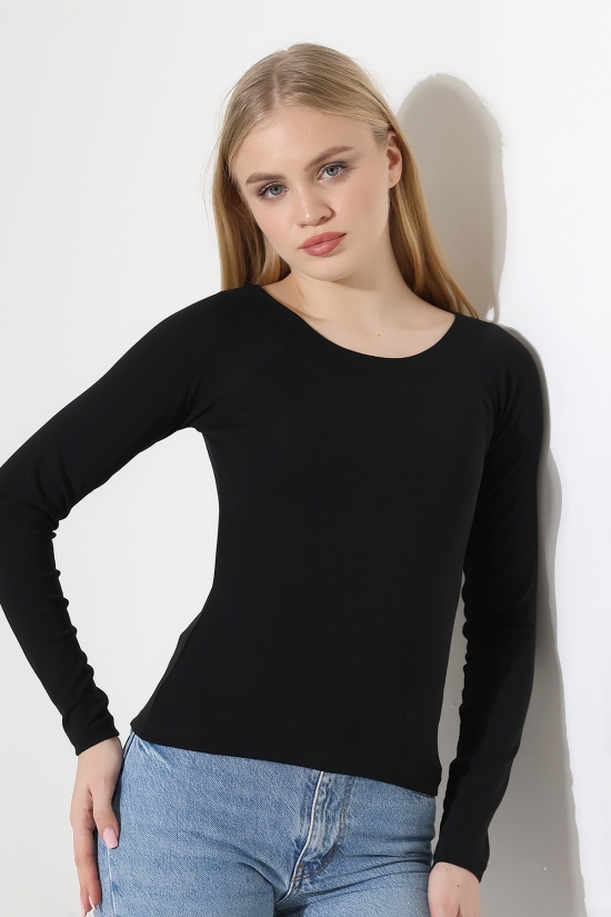 22195 KADIN REGLAN KARYOKALI KAYIK KALIN YAKA FULL LYC KOMPAKT PENYE RİB UZUN KOL TSHIRT 