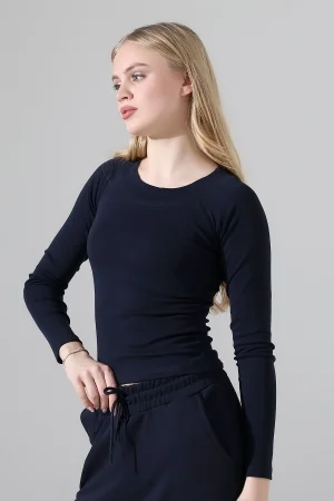 22195 KADIN REGLAN KARYOKALI KAYIK KALIN YAKA FULL LYC KOMPAKT PENYE RİB UZUN KOL TSHIRT 