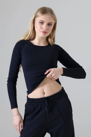 22195 KADIN REGLAN KARYOKALI KAYIK KALIN YAKA FULL LYC KOMPAKT PENYE RİB UZUN KOL TSHIRT 