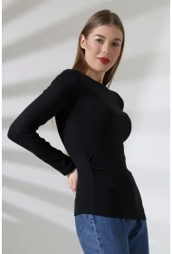 21951 KADIN KAYIK YAKA YANLARI LAST BÜZGÜLÜ FULL LYC VORTVİSK RİBANA UZUN KOL TSHIRT 