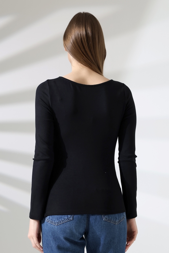 21951 KADIN KAYIK YAKA YANLARI LAST BÜZGÜLÜ FULL LYC VORTVİSK RİBANA UZUN KOL TSHIRT 