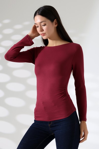 21951 KADIN KAYIK YAKA YANLARI LAST BÜZGÜLÜ FULL LYC VORTVİSK RİBANA UZUN KOL TSHIRT 