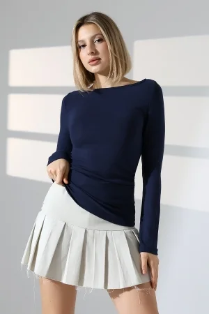 21951 KADIN KAYIK YAKA YANLARI LAST BÜZGÜLÜ FULL LYC VORTVİSK RİBANA UZUN KOL TSHIRT 