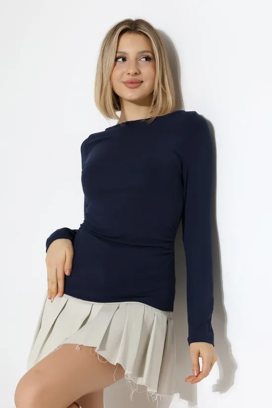 21951 KADIN KAYIK YAKA YANLARI LAST BÜZGÜLÜ FULL LYC VORTVİSK RİBANA UZUN KOL TSHIRT 