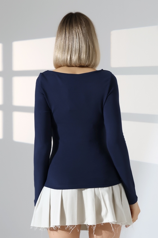 21951 KADIN KAYIK YAKA YANLARI LAST BÜZGÜLÜ FULL LYC VORTVİSK RİBANA UZUN KOL TSHIRT 