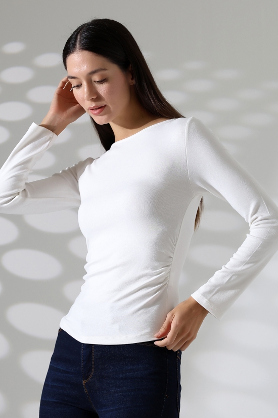 21951 KADIN KAYIK YAKA YANLARI LAST BÜZGÜLÜ FULL LYC VORTVİSK RİBANA UZUN KOL TSHIRT 