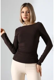 21951 KADIN KAYIK YAKA YANLARI LAST BÜZGÜLÜ FULL LYC VORTVİSK RİBANA UZUN KOL TSHIRT 