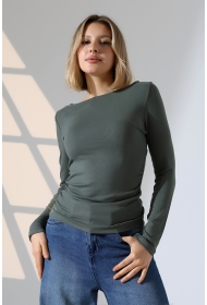 21951 KADIN KAYIK YAKA YANLARI LAST BÜZGÜLÜ FULL LYC VORTVİSK RİBANA UZUN KOL TSHIRT 