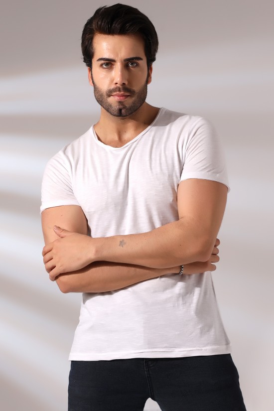 19959 ERKEK KISA KOL BİSİKLET YAKA PİS DİKİMLİ FLAMLI TSHIRT 