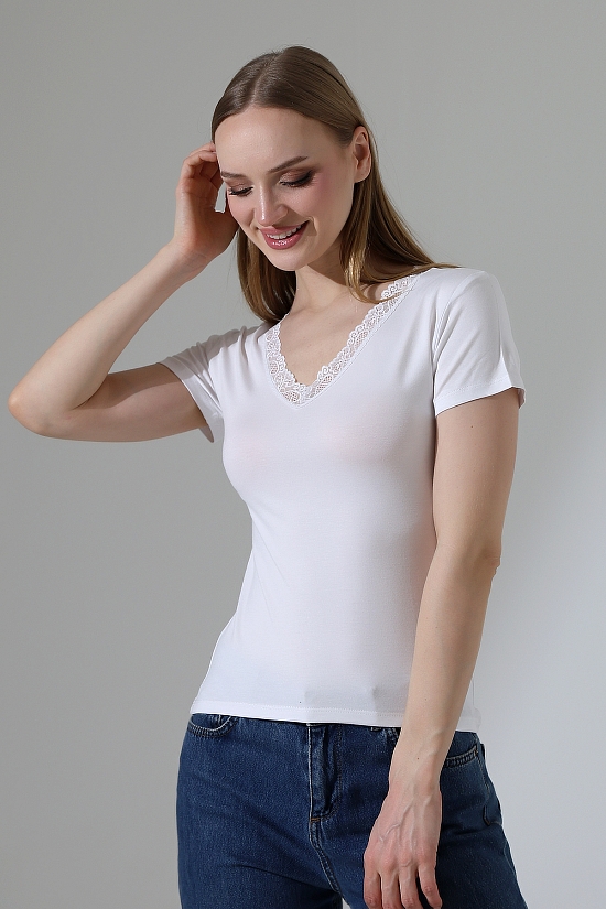 22268 KADIN V YAKASI DANTELLİ FULL LYC VORTVİSK KISA KOL BLUZ 