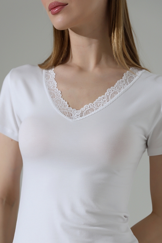 22268 KADIN V YAKASI DANTELLİ FULL LYC VORTVİSK KISA KOL BLUZ 