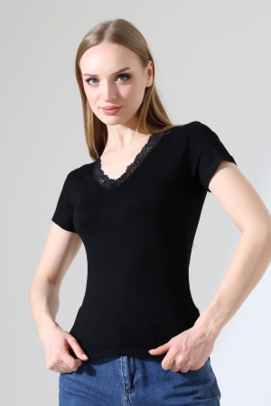 22268 KADIN V YAKASI DANTELLİ FULL LYC VORTVİSK KISA KOL BLUZ 