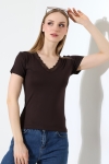 22268 KADIN V YAKASI DANTELLİ FULL LYC VORTVİSK KISA KOL BLUZ 