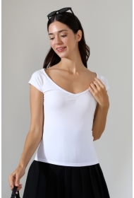 22303 KADIN FULL LYC KOMPAK PENYE REGLAN KISA KOL GENİŞ V ALTI LASTİK BÜZGÜLÜ TSHIRT