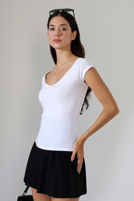 22303 KADIN FULL LYC KOMPAK PENYE REGLAN KISA KOL GENİŞ V ALTI LASTİK BÜZGÜLÜ TSHIRT