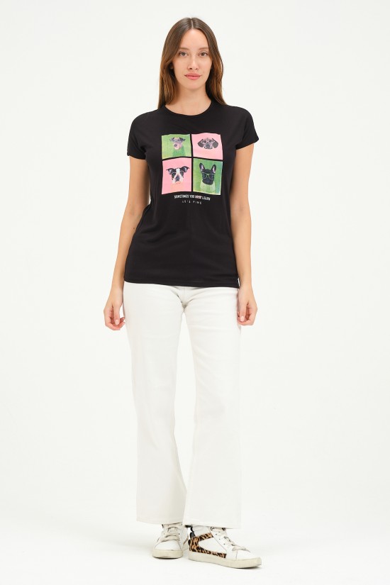 20601 GÖZLÜKLÜ 4 KÖPEK BASK. BAYAN KISA KOLU BEDENDE VSK TSHIRT