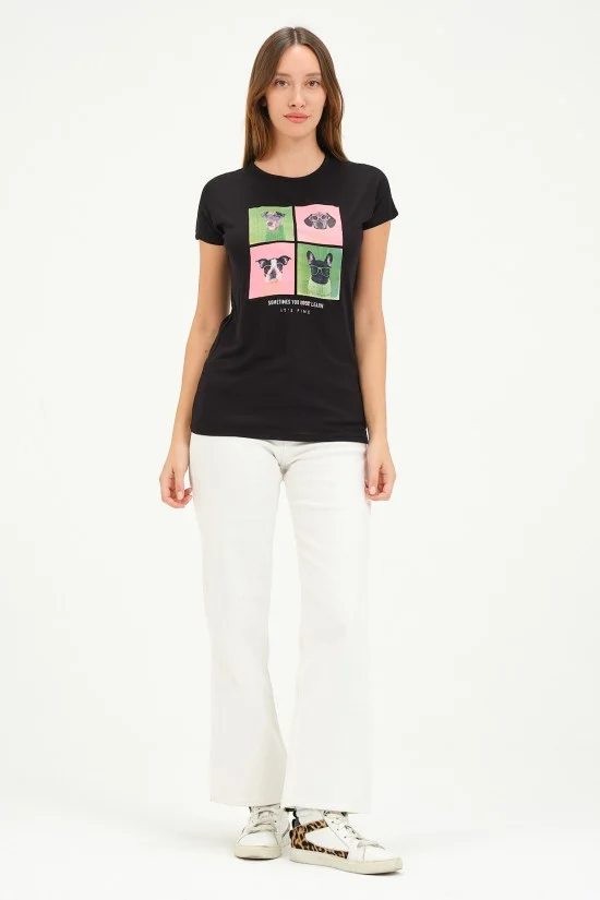 20601 GÖZLÜKLÜ 4 KÖPEK BASK. BAYAN KISA KOLU BEDENDE VSK TSHIRT