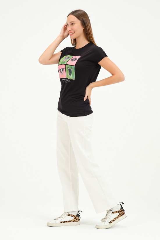 20601 GÖZLÜKLÜ 4 KÖPEK BASK. BAYAN KISA KOLU BEDENDE VSK TSHIRT