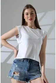 21572  BAYAN KOLSUZ GENİŞ KOL EVİ İÇ KAPAKLI ARKA ETEĞİ OVAL PAMUKLU TSHIRT