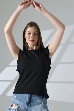 21572  BAYAN KOLSUZ GENİŞ KOL EVİ İÇ KAPAKLI ARKA ETEĞİ OVAL PAMUKLU TSHIRT