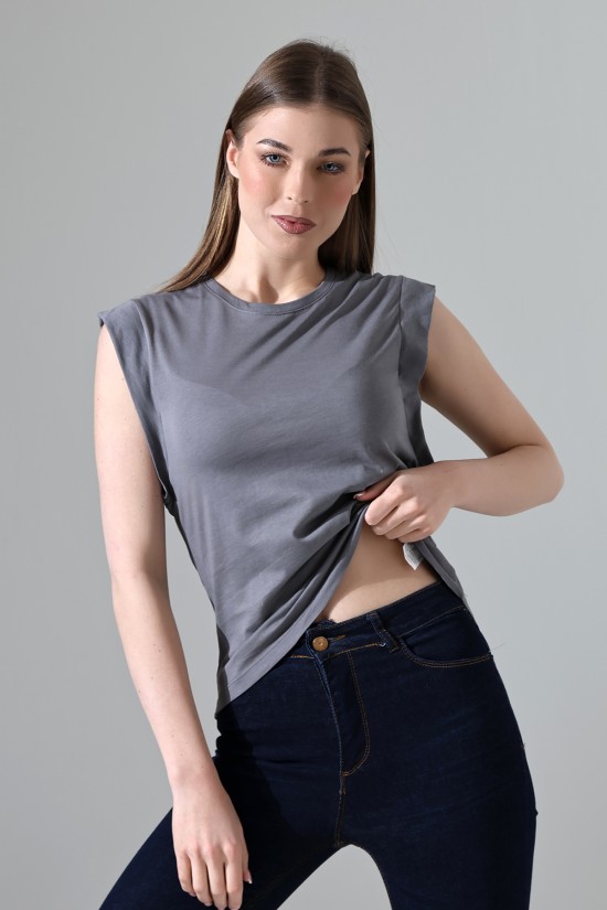 21572  BAYAN KOLSUZ GENİŞ KOL EVİ İÇ KAPAKLI ARKA ETEĞİ OVAL PAMUKLU TSHIRT