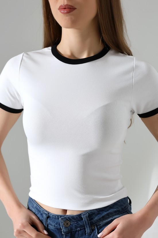 21832 KADIN FULL LYC PENYE KOMPAKT RİB.YAKA VE KOLAĞZI GARNİLİ BİSİKLET YAKA TSHIRT