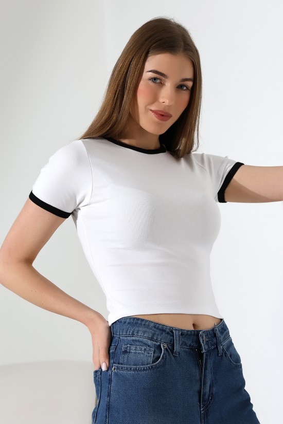 21832 KADIN FULL LYC PENYE KOMPAKT RİB.YAKA VE KOLAĞZI GARNİLİ BİSİKLET YAKA TSHIRT