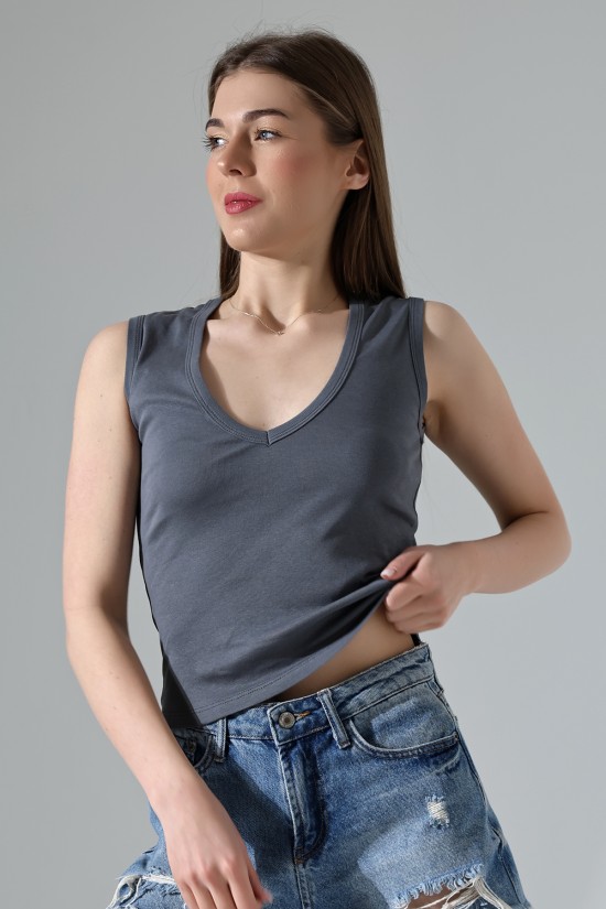 21899  KADIN DERİN V YAKA KOLSUZ LİKRASIZ RİB ATLET 