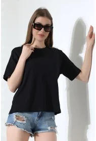 21964 KADIN PENYE COMP LİKRASIZ RİB PAMUKLU KISA KOL  BİSİKLET YAKA TSHIRT