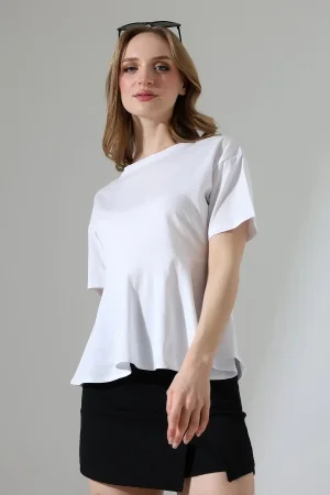 22173 KADIN BİSİKLET YAKA KISA KOL ÖN VE ARKA BEDEN PARÇALI ALTI VOLANLI PAMUKLU BLUZ 