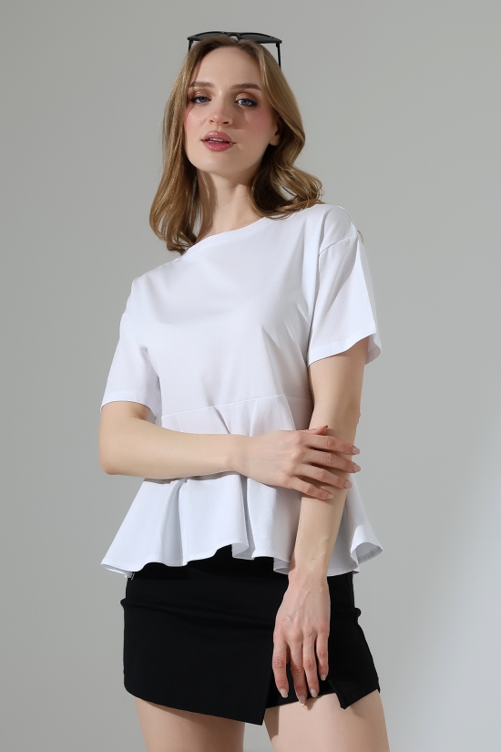 22173 KADIN BİSİKLET YAKA KISA KOL ÖN VE ARKA BEDEN PARÇALI ALTI VOLANLI PAMUKLU BLUZ 