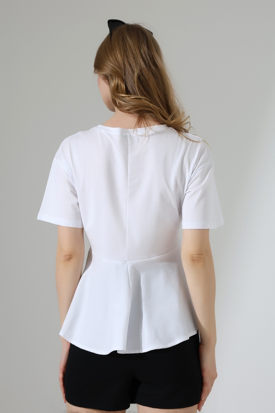 22173 KADIN BİSİKLET YAKA KISA KOL ÖN VE ARKA BEDEN PARÇALI ALTI VOLANLI PAMUKLU BLUZ 